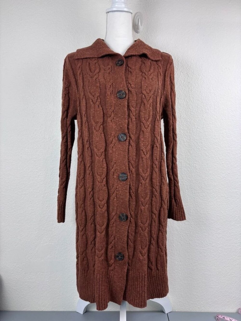 J. Jill women's large petite brown cable knit wool blend cardigan duster sweater